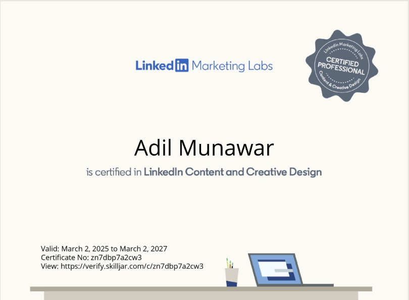 LinkedIn Content and Creative Design Certificate for Adil Munawar